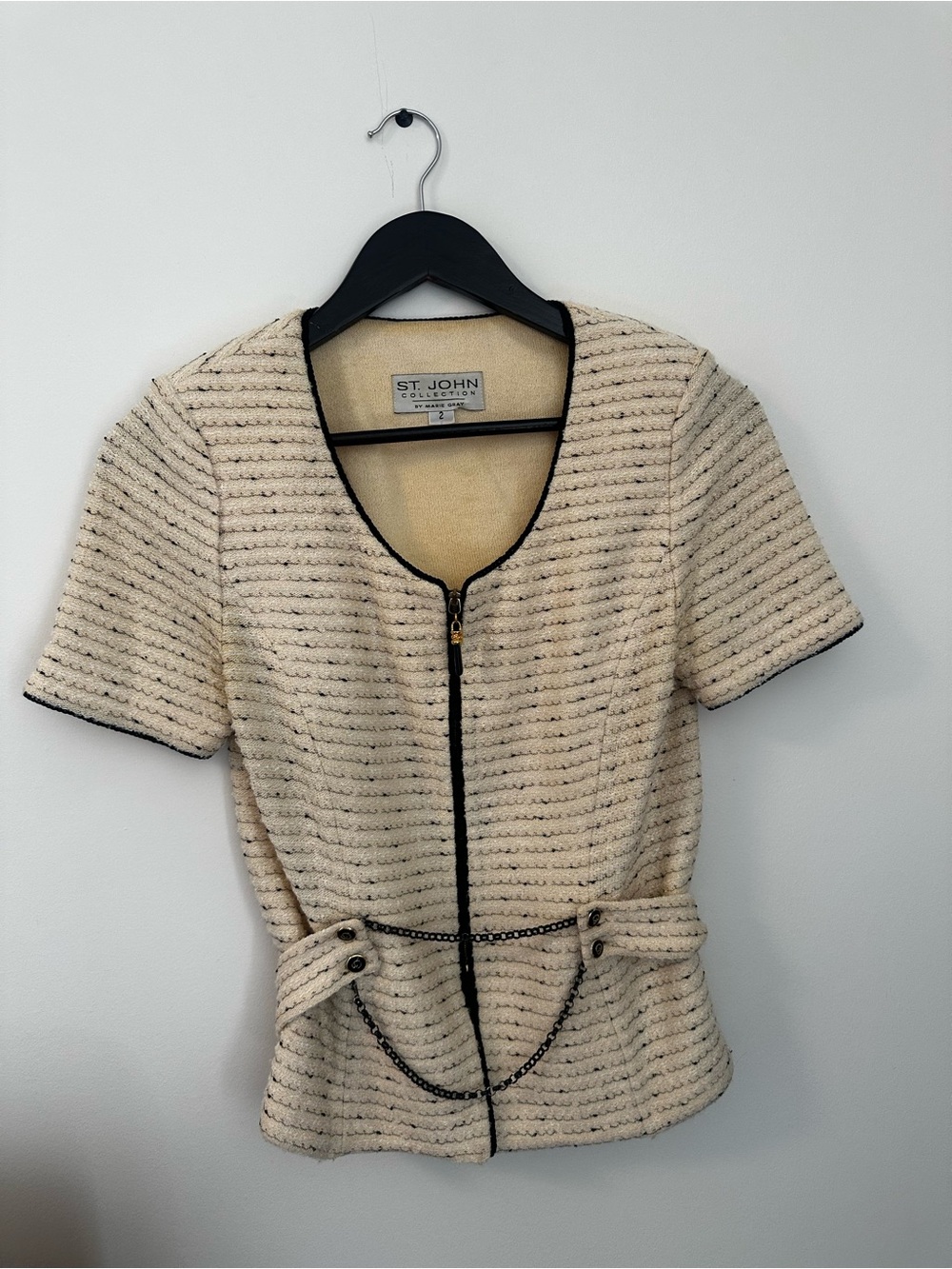 St. John Cream Knit Tweed Jacket with Black Trim